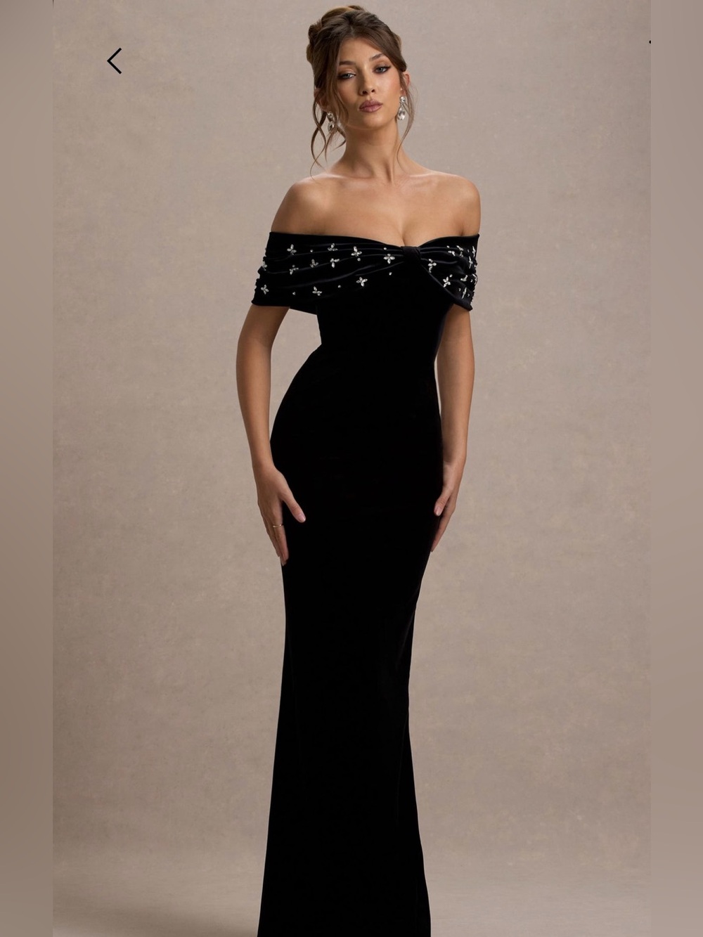 West End | Black Velvet Embellished Bardot Maxi Dress